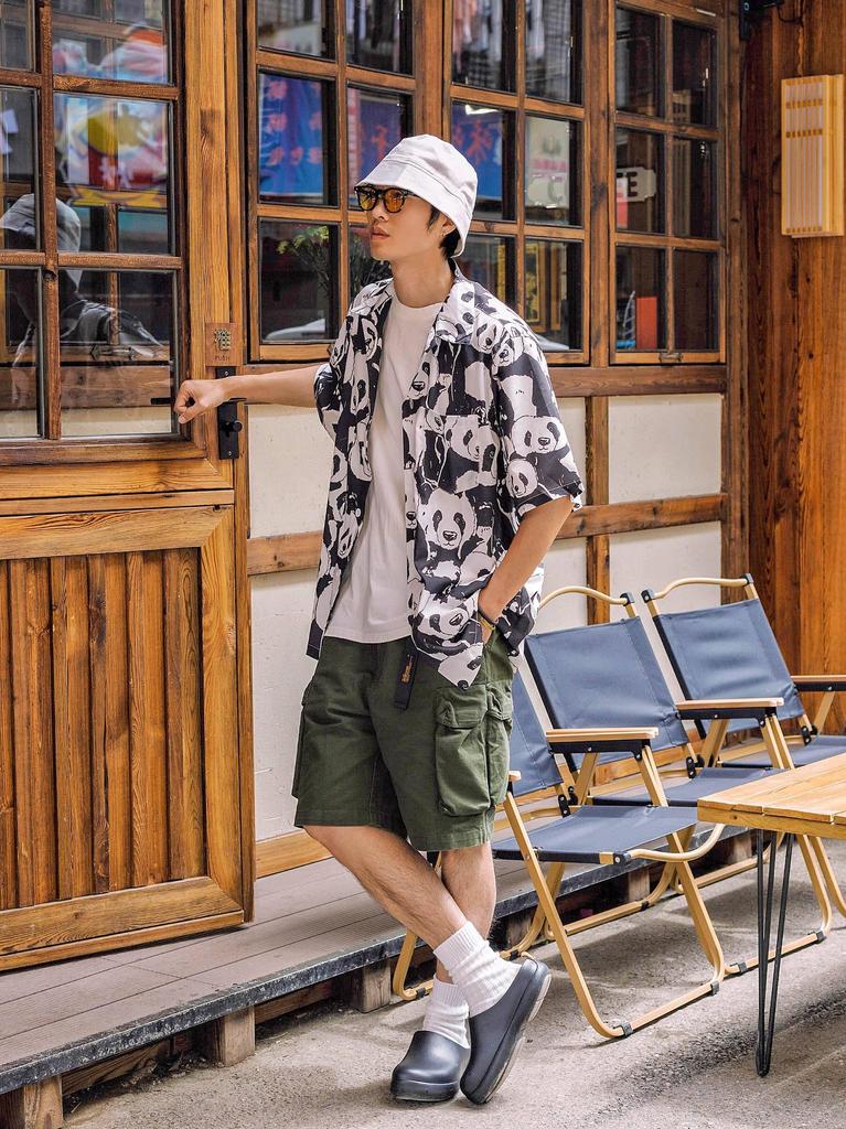 CHANGE WELL 2023SS Fashion Summer Panda Print Print Casual Short Sleeve Aloha Shirt Men's Open-Collar All-Over Loose-Fit (White, XL)