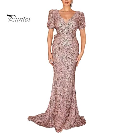 Women Evening Dress Shimmering Sequin Short Bubble Sleeves V Neck Slim Fit Floor Length Big Bow At Back Mid Waist Cocktail Party Wedding Banquet Maxi