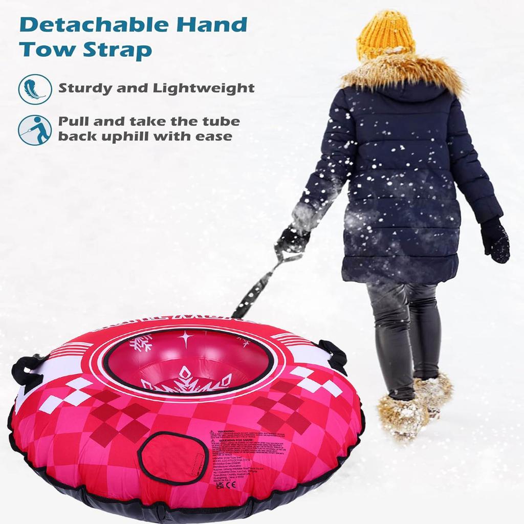 43inch Inflatable Snow Tube Rose Red Cold Proof Thickened PVC Inflatable Snow Sled with 2 Handles for Winter Outdoor