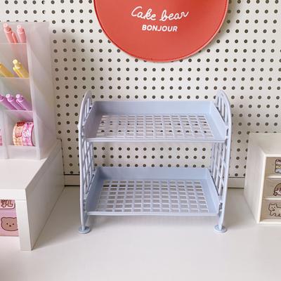 Étagère de bureau à 2 niveaux, design de garde-corps latéral, pliable, double couche, empilable, pour cosmétiques et papeterie