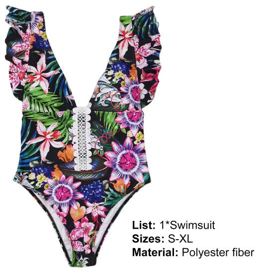 Women Monokini High Waist Backless Colorful Flower Print Deep V Neck