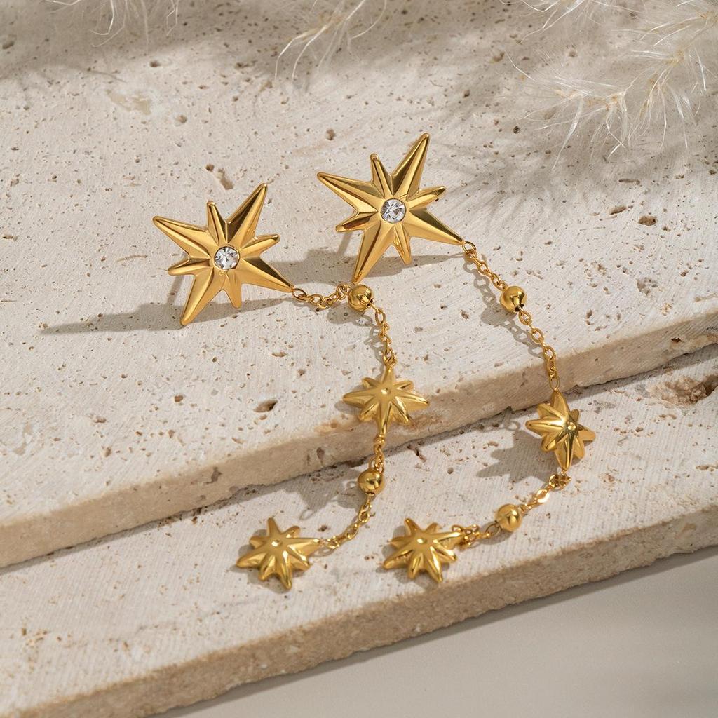 Collier Y-Chain à pampilles étoile à huit branches élégante Xia Ling, Acier inoxydable, Plaqué or 18 carats, Bijou polyvalent pour femmes
