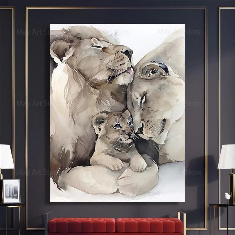 Modern Animal Loving Lion Family Canvas Painting Posters  Prints Wall Art Pictures for Living Room Home Wall Decoration Cuadros