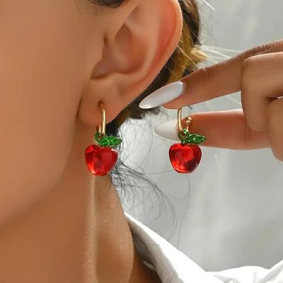 Cute Red Apple Shaped Earrings For Women Green Leaf Earring Sweet Exquisite Party Jewelry Gifts