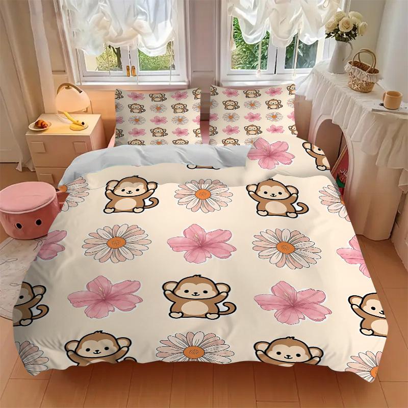 3pcs bedding set Monkey Cartoon Includes 1 Comforter + 2 Pillowcases, Without Pillow Inserts, Soft Comfortable, Lightweight Breathable011