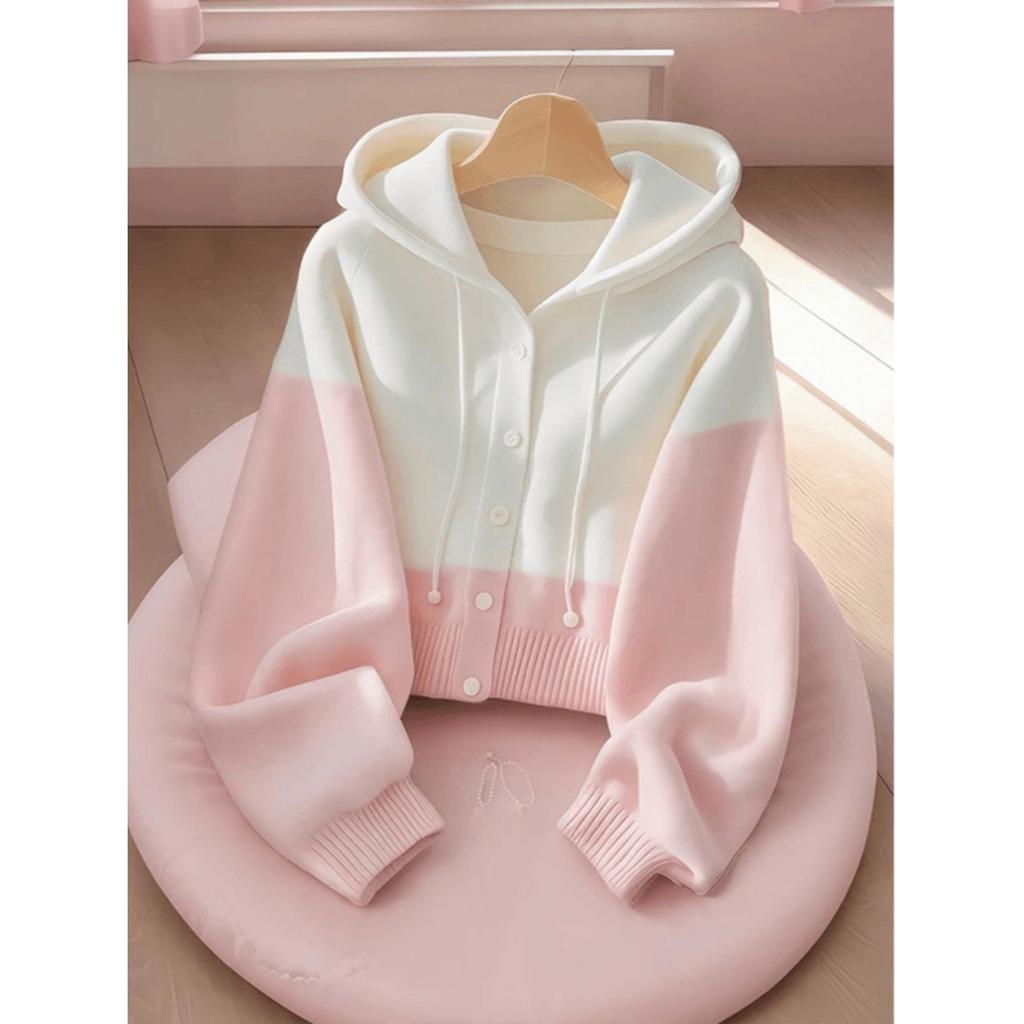 Pink and white splicing with hooded knitted cardigan sweater women's new seasonal Korean atmosphere top