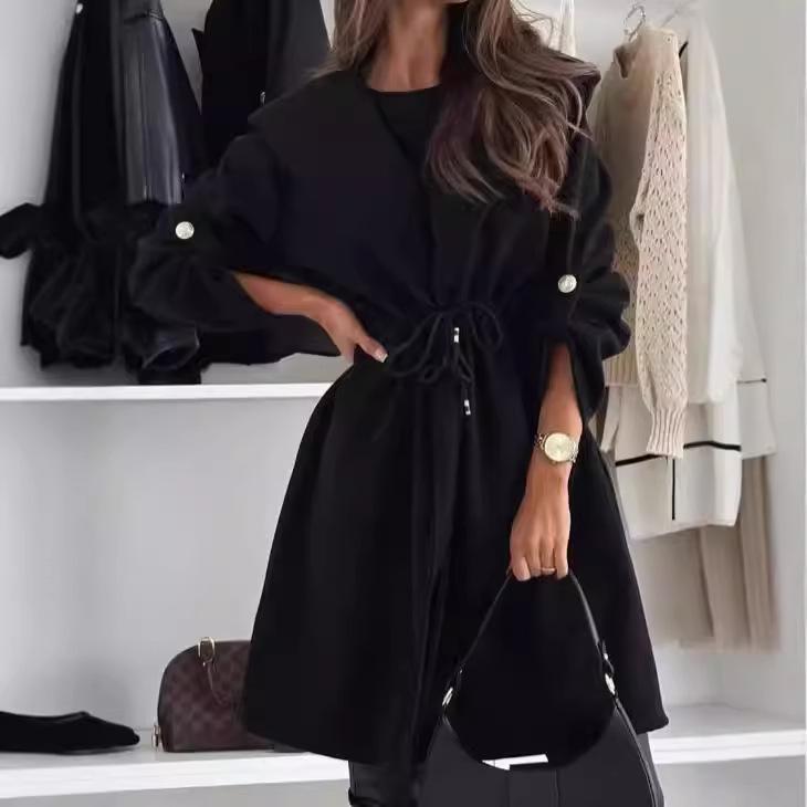 Cappotto con Cappuccio e Revers da Donna Europeo e Americano con Spalline 2026 - Stile Casual Autunno/Inverno a Manica Lunga