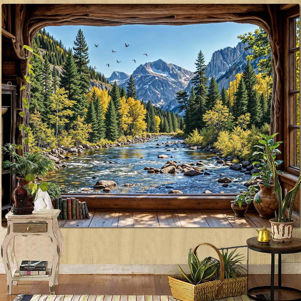 Forest Window Tapestry, Nature Outdoor Tree Wall Backdrop, Woodland Scene Large Mural For Bedroom Living Room Office Decor