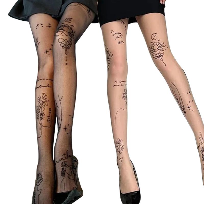 Collant sexy da donna con tatuaggi fantasia, collant con scritte, fiori, lettere, calze nere lunghe e sottili da donna