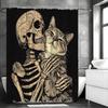 Skeleton Skeleton and Cat Shower Curtain, Bathroom Decorative Shower Curtain, Waterproof Shower Curtain with Hooks