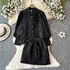 Spring Autumn Women Lace Patchwork Embroidery Designer Runway Outfits Fashion Single Breasted Shirt and Mini Short Skirt Two Piece Set