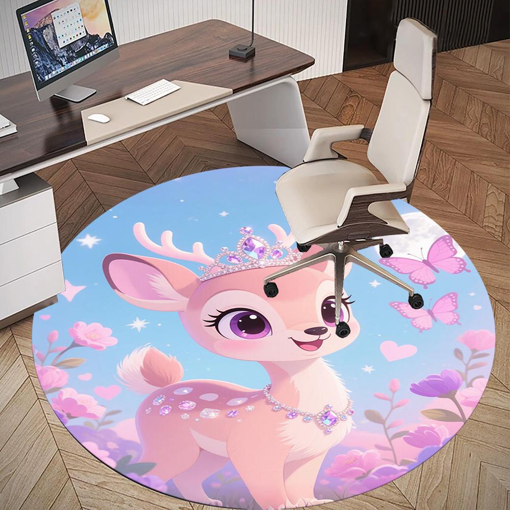 1PC Deer Princess Flowers Round Chair mat Area Rug - Non-Slip, Floor Mat for Office, Bedroom, home decor Christmas Gift c0528003