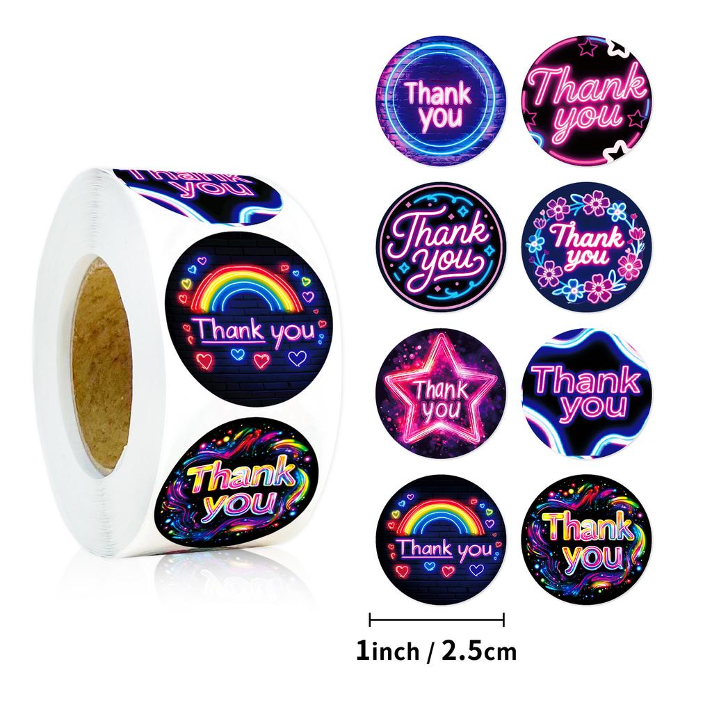 500 Sheets/Roll Neon Roll Roll Sticker Thank You Theme 8 Pattern Cycle Colorful Creative Round Sticker