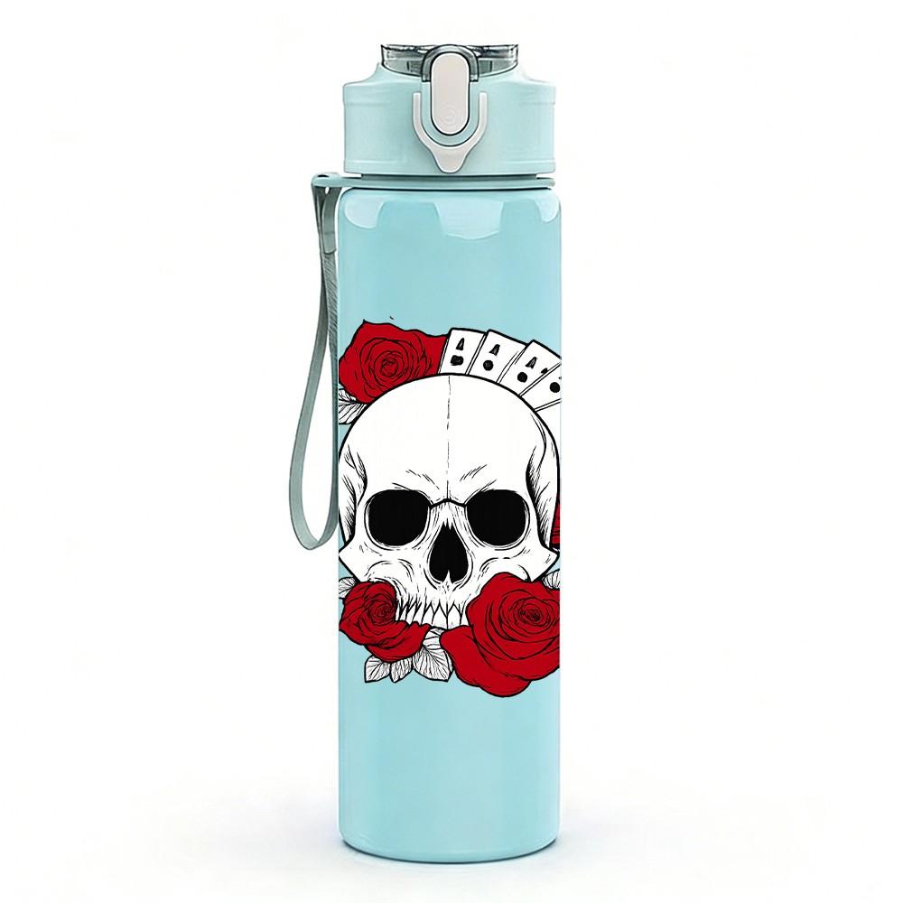 1PC Skull Red Rose Pattern 750ml Color Plastic Sports Water Bottle Leakproof Flip Straw Lid Suitable for Sports Office Home Use