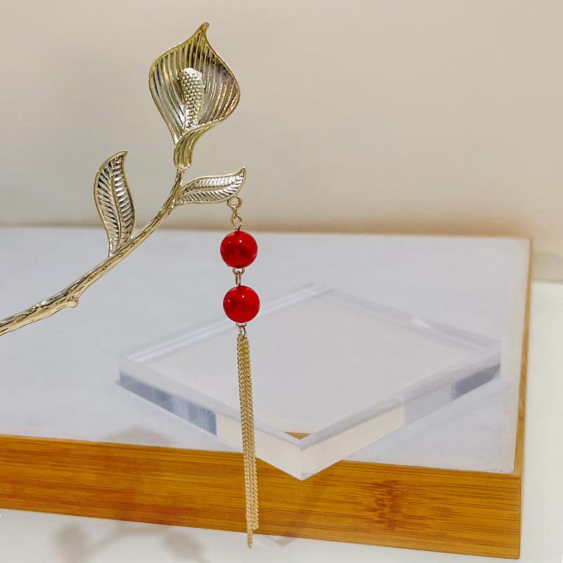 

Креативный дизайн Чувство тюльпанового красного Жемчужная кисточка Заколка для волос Ханфу Древний стиль Цветочная заколка Шаг Кисточка Китайские украшения для волос