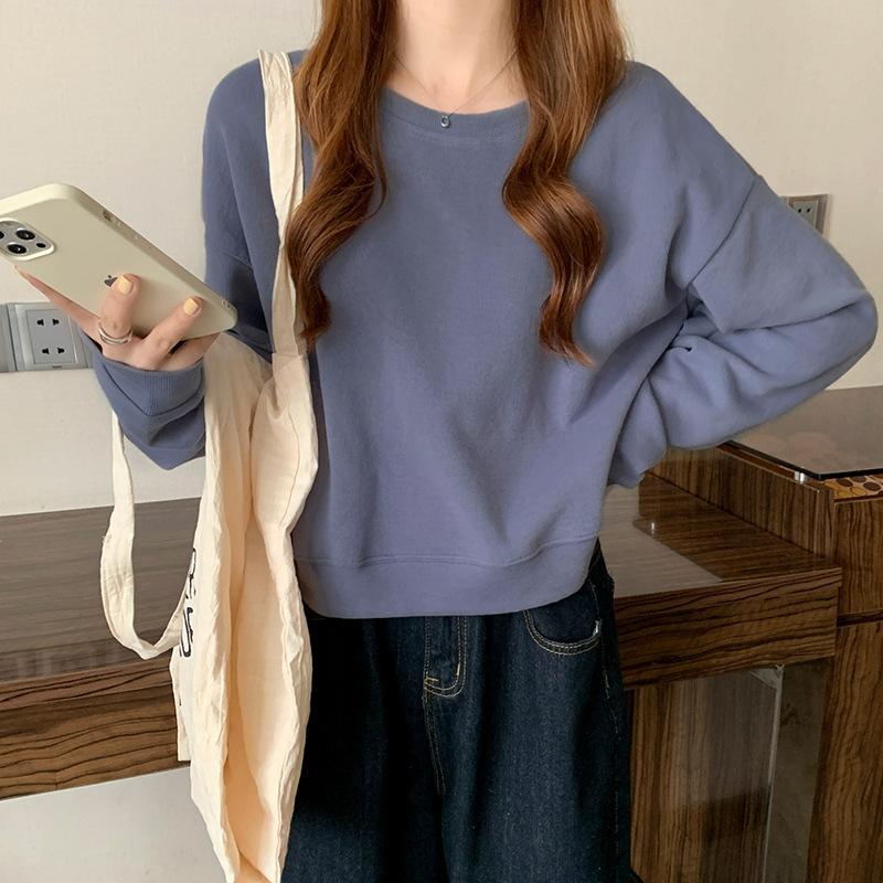 Spring Autumn Korean Minimalist Solid Loose Cropped Long Sleeve Round Neck Hoodie Women Student High Waist Top