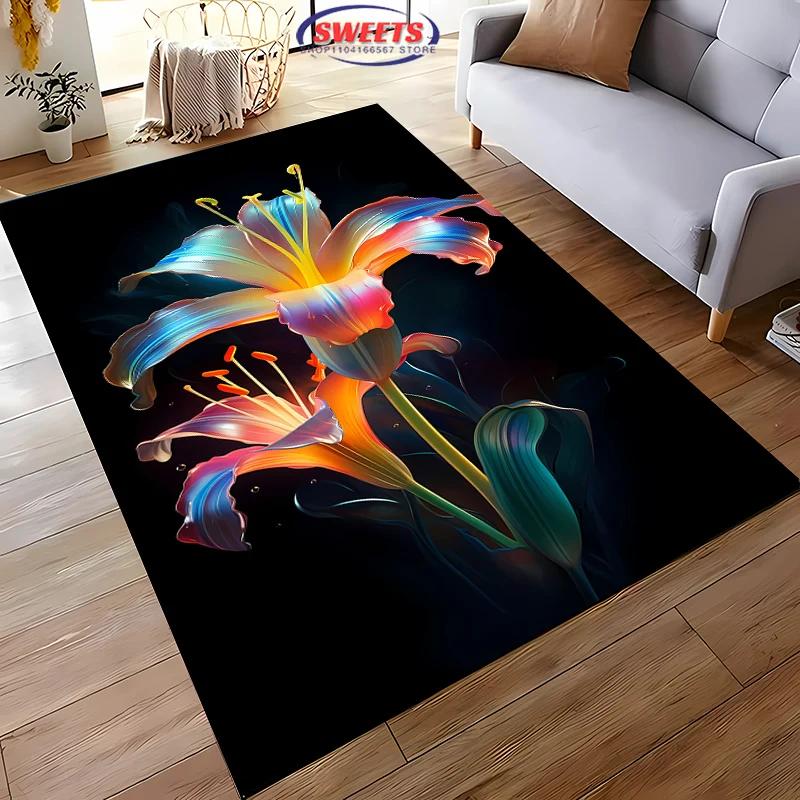 Beautiful Lily Flower Large Carpet for Home Living Room Children's Bedroom, Sofa Doormat Kitchen Floor Rug, Anti-slip Decor Mat