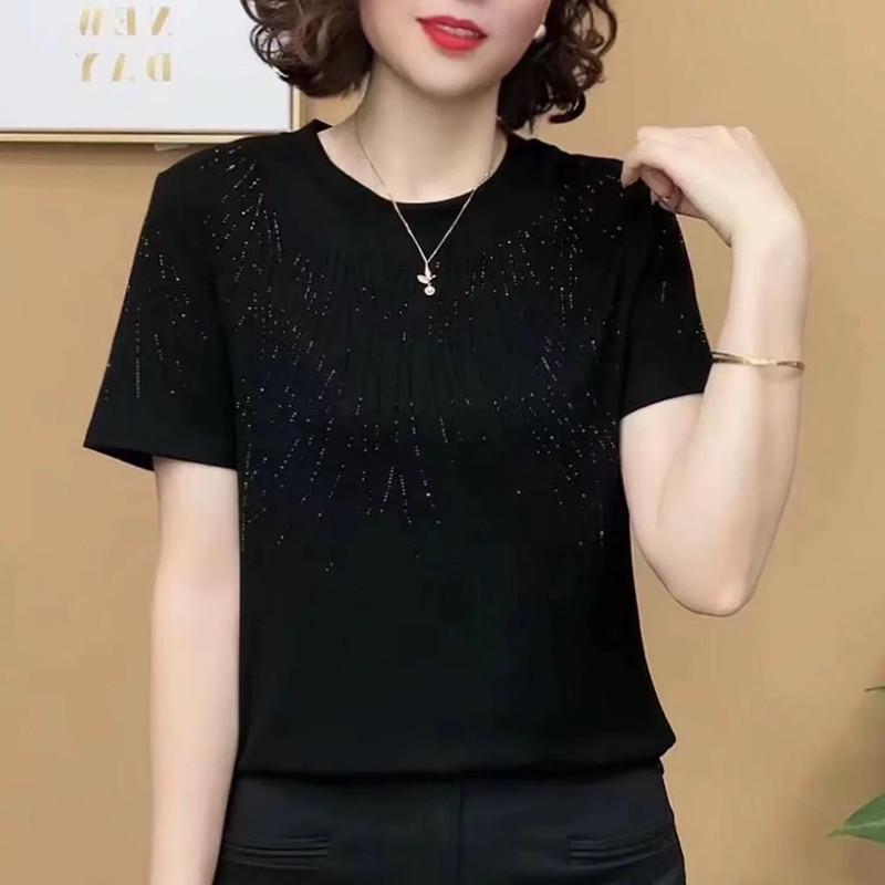 Women's Summer Rhinestone Slimming Round Neck Short Sleeve T-Shirt