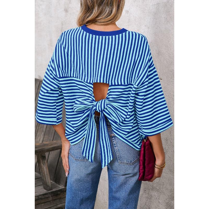 New Women's Round Neck Striped Back Tie Bow Pullover Knitted Top