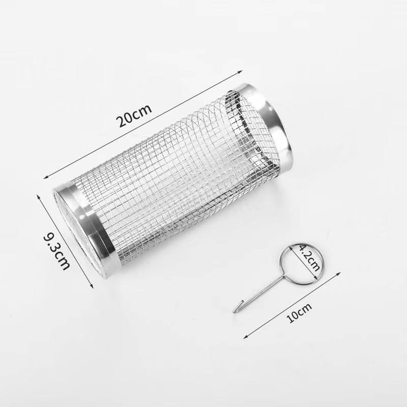 Rolling Grill Basket BBQ Mesh Tube Removable Wooden Handle Stainless Steel Round Mesh Cage Outdoor Camping Cooking Tools