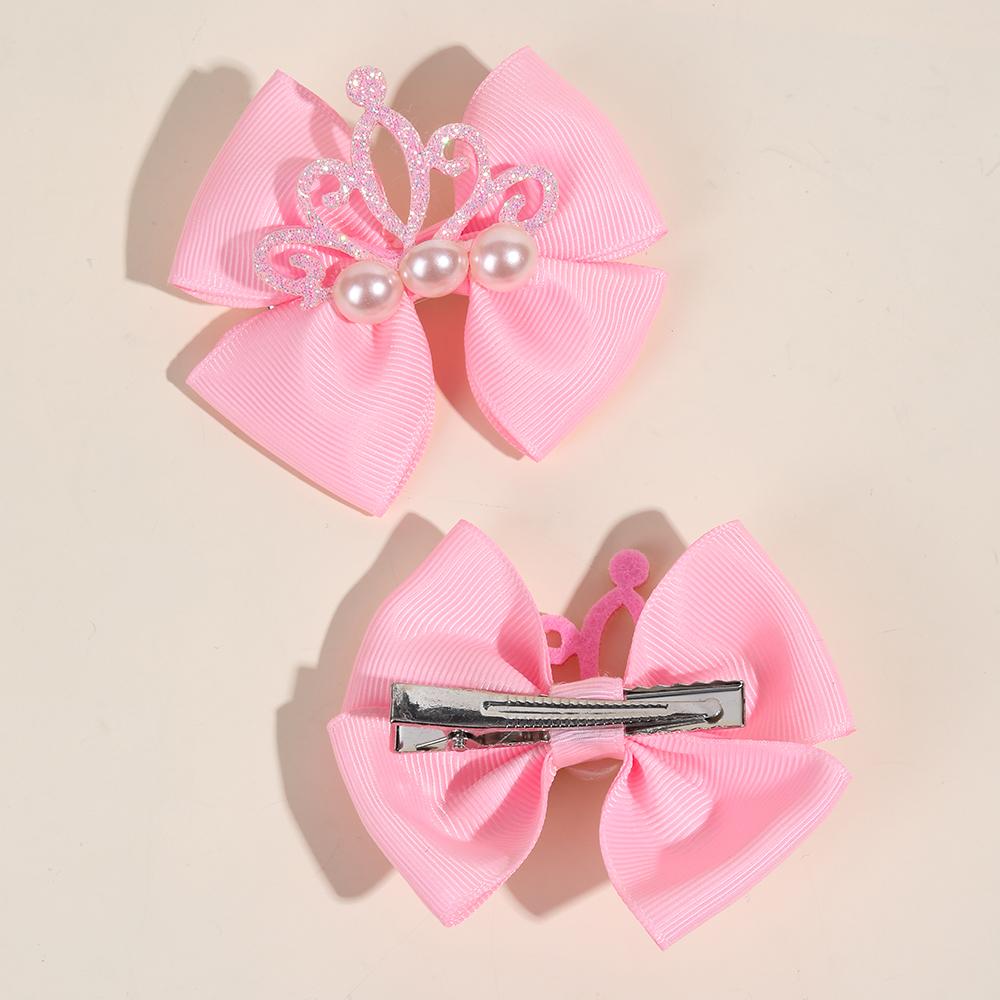 2 Stück Mädchen Haarspangen mit Schleife, Glänzende Krone & Kunstperlen Dekor Haarnadeln, Rosa Satinband Krokodilklemmen Haaraccessoires