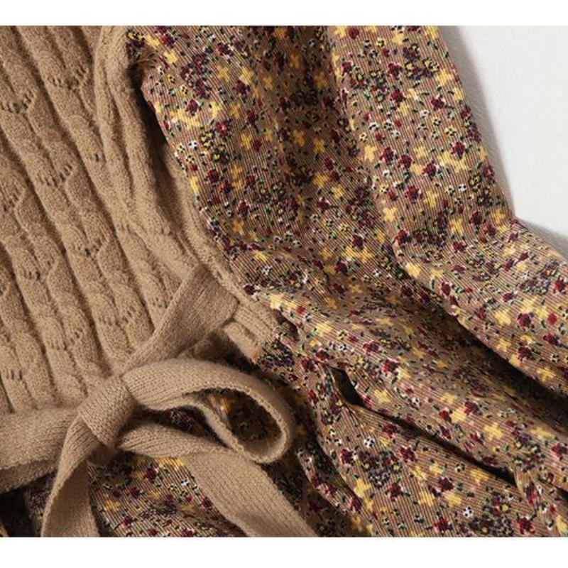 Autumn Winter New Version Reduction Splicing Bandage Thin Knitted Long Versatile Corduroy Floral Dress Fashion