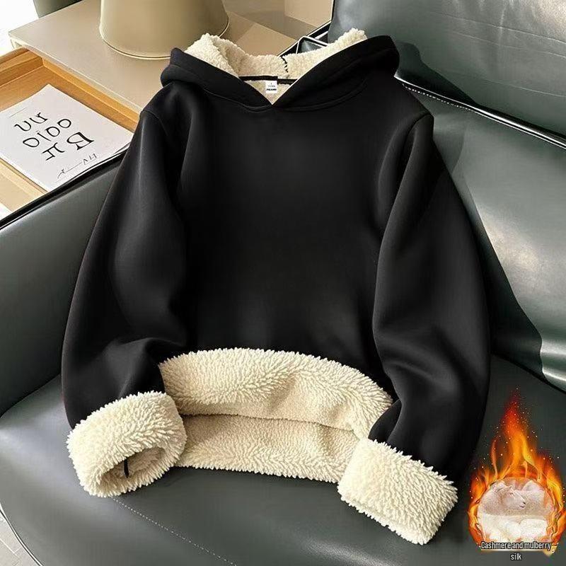 Men's Velvet-Lined Lambswool Hoodie - Loose Fit, Solid Color, Warm Winter Jacket