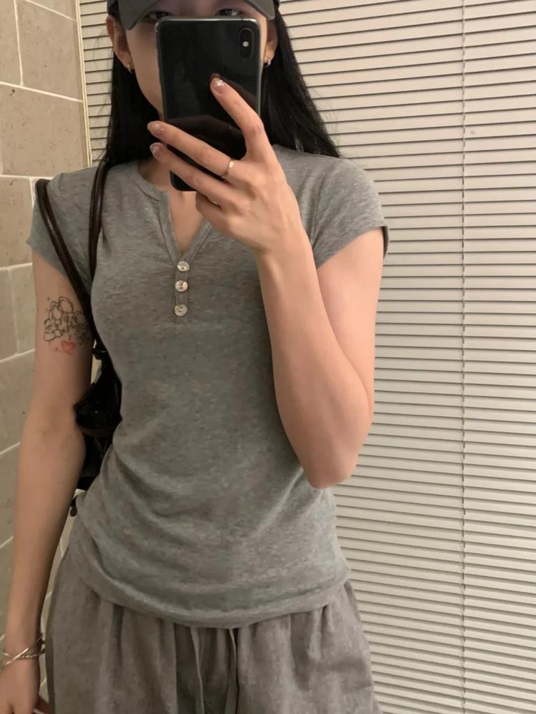 Henry Collar Three-button Small V-neck Short-sleeved Women's Summer Thin Slim-fit Slim Bottom Top Commuter Basic T-shirt