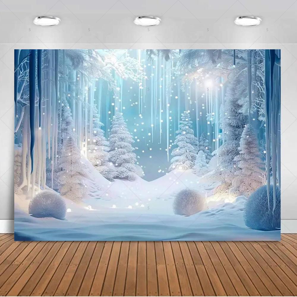 Paesaggio Invernale Scena di Neve Foresta Bianca Sfondo Fotografico Forniture Decorazioni Festa di Natale Striscione di Sfondo Oggetto di Scena per Foto