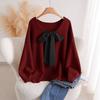 Women Loose V Neck Bow Thick Knitted Casual Sweater Outerwear