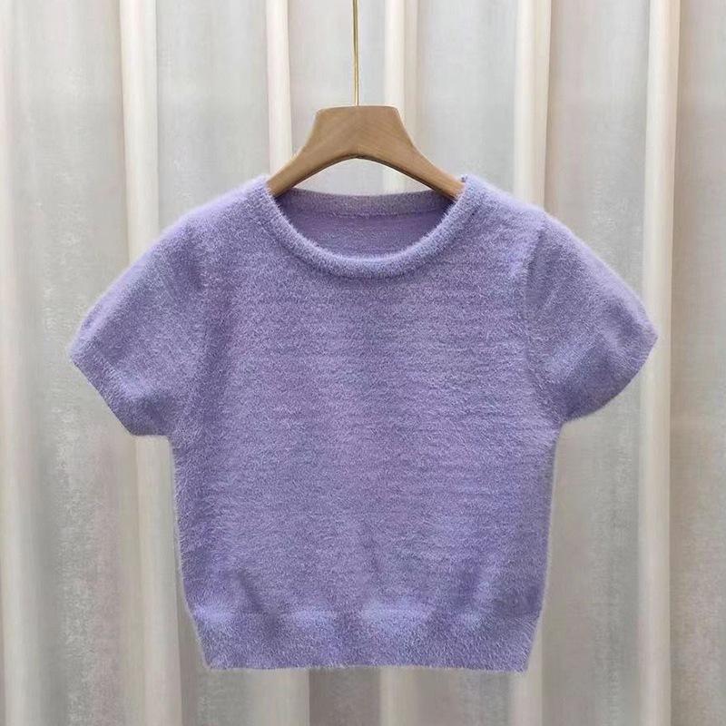 

Женская однотонная футболка с круглым вырезом, облегающая, вязаная, в корейском стиле, с коротким рукавом, повседневная, универсальная, бархатный кроп-топ