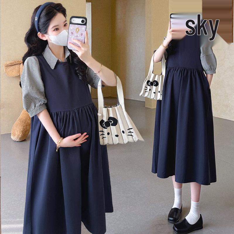 Summer 2026 Maternity Plaid Shirt & Vest Dress Set - College Style, Short Sleeve L