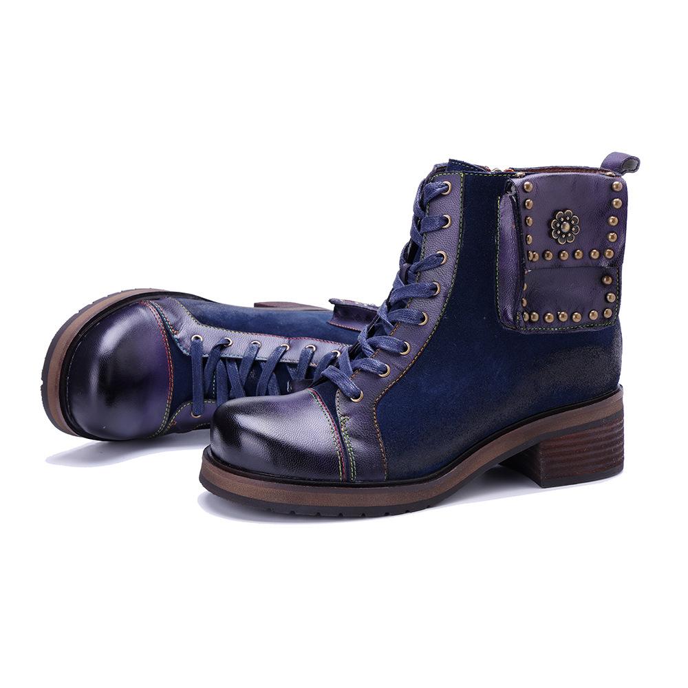 Johnature Botas Curtas de Salto Grosso Estilo Britânico com Rebites e Costura em Couro Genuíno Retrô Feitas à Mão para Mulher