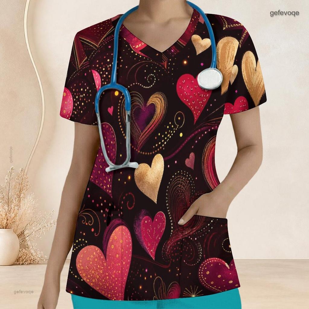 Women Plus Size V Neck Short Sleeve Scrub Top Spiral Tie Dye Patriotic Red White Blue Print Nurse Uniform Top