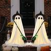 Halloween Ghost Ornament Light-Up Decoration, Spooky Witch Hat with LED Festive Prop Light, Broom Decor for Outdoor Lawn Porch Holiday Party