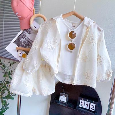 Girls' Lace Embroidered Hooded Sunscreen Jacket & Casual Three-Piece Summer Set