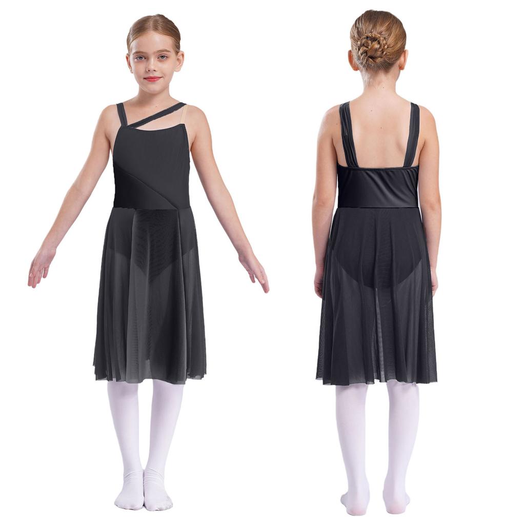 Kids Girls Mesh Overlay Ballet Contemporary Dance Dress Lyrical Leotard Costume Sleeveless Dresses