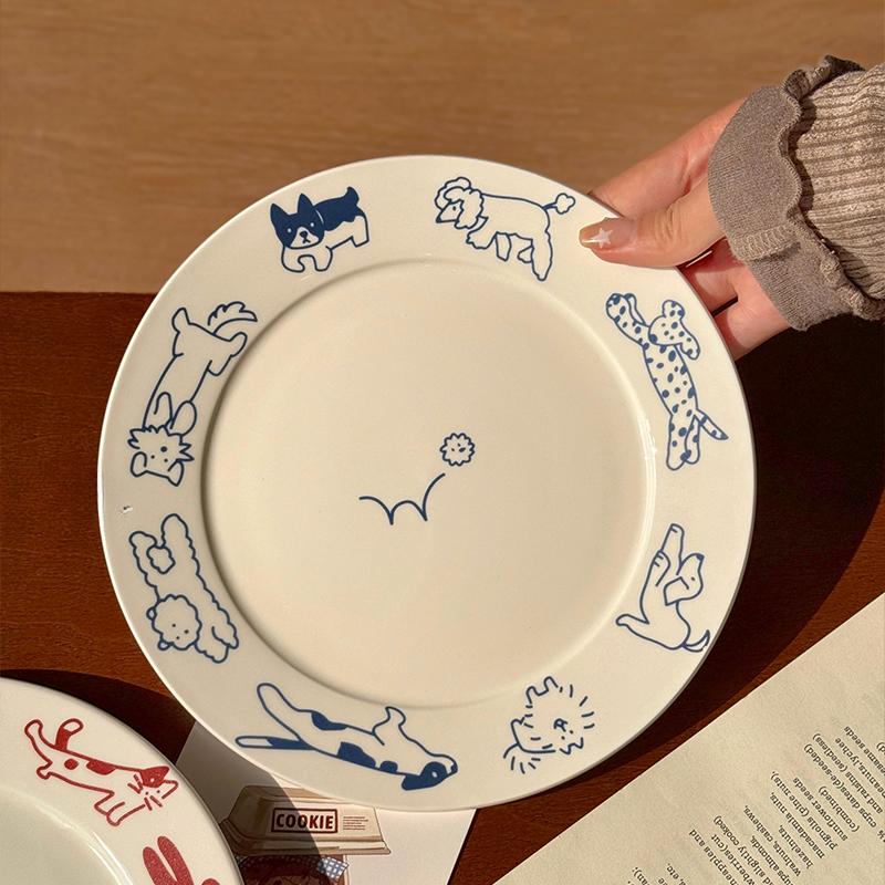 

Корейская милая тарелка с граффити в виде кота и щенка, керамическая тарелка для завтрака, винтажная бытовая утварь, кофейня, торт, десерт, фруктовая тарелка
