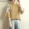 ZANZEA Women Casual Stand Collar Loose Splice 3/4 Sleeve Blouse