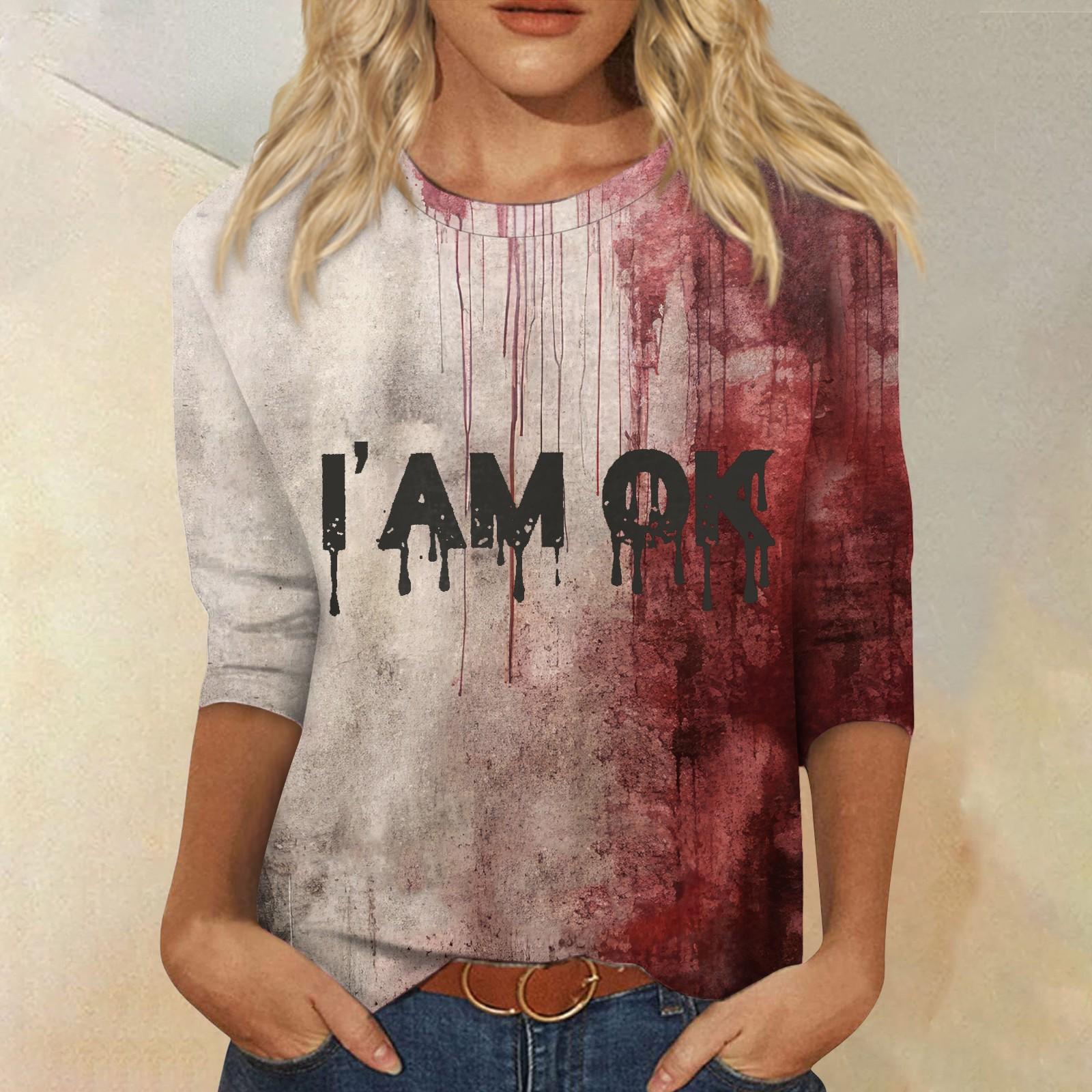 

Женские топы Рубашка с рукавом три четверти V-образный вырез Свободная повседневная рубашка Футболка с принтом XXXL