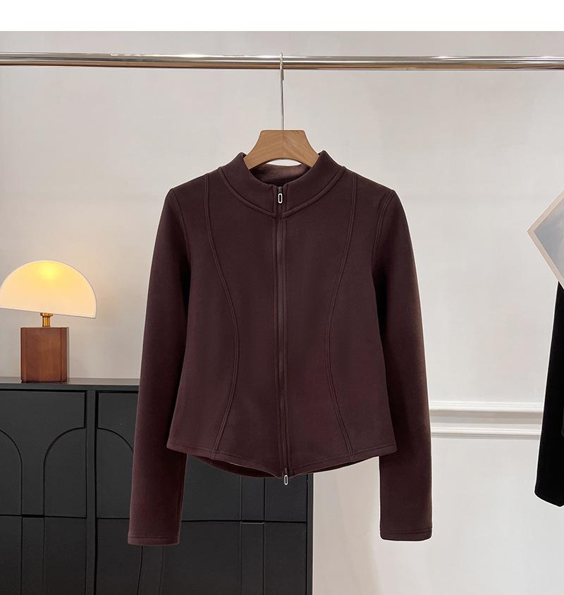 Women's Stand Collar Long Sleeve Jacket Regular Fit Elegant Commuter Solid Fleece Lined Zip Up Coat Windproof Warm Outerwear For Winter Outdoor Use