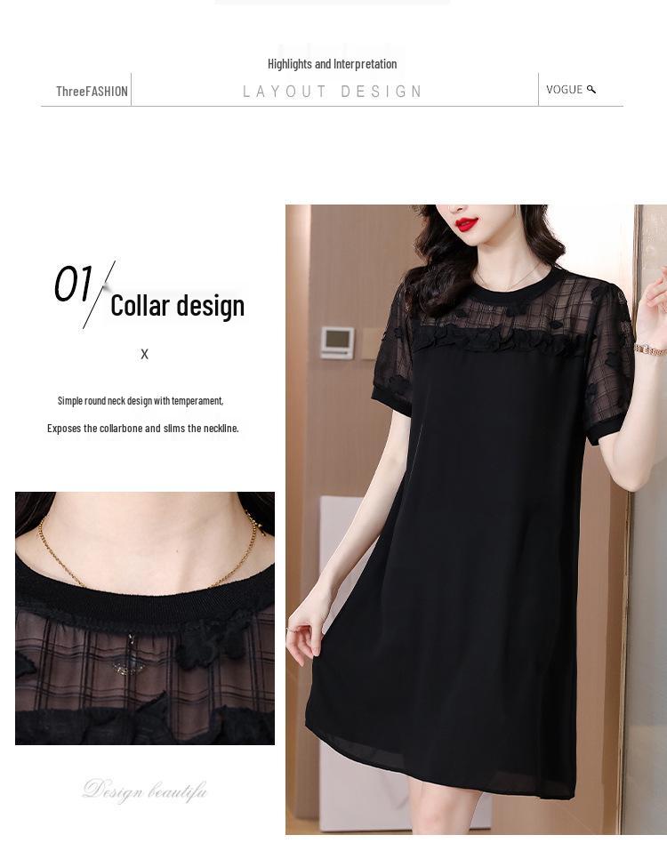Women's Black Chiffon Summer Dress - Short Sleeves, Slimming, Plus Size, Loose Fit, 2026 New Style for Middle-Aged Mothers