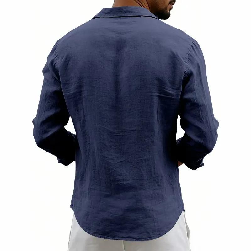 Spring Summer Men's Loose Casual Shirts Solid Color Lightweight Loose Lapel Cardigan-Style Linen Long-Sleeve Shirt