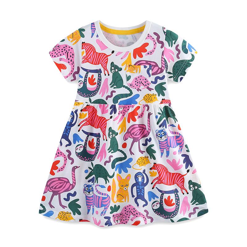 European Style Short Sleeve Girls Summer Dress with Cartoon Animal Print 6Y