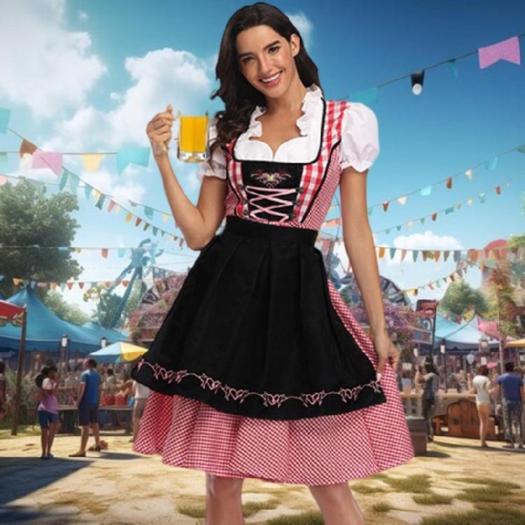 Adults Women's Oktoberfest Costume German Bavarian Beer Outfits Dirndl Dress Apron Bows Ribbon for Halloween Party