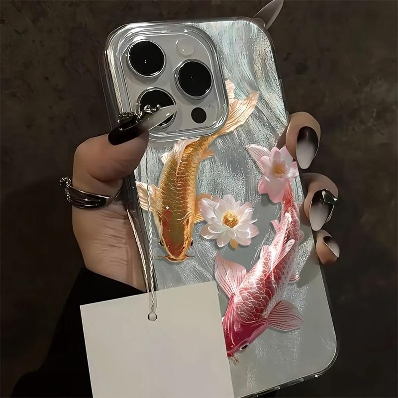 Koi Lotusfjädergarn Telefonfodral Lämpligt för iPhone 17 16 15 14 13 12 11 Pro/Max/Plus Stötdämpande och Fallsäkert Bakskydd