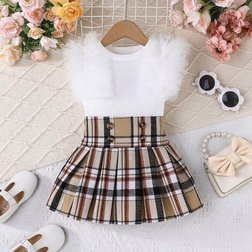 6M-3Y Baby Girl Summer Suit Baby Girl Short-sleeved Top + Mesh Flowers Layered Cake Skirt Girls Bustier Skirt