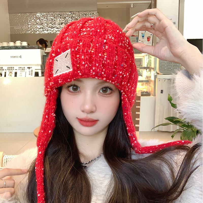 Women's Woolen Hat New Mixed Color Tassel Braid Pullover Hat Autumn and Winter Warm Ear Protection Plush Knitted Lei Feng Hat