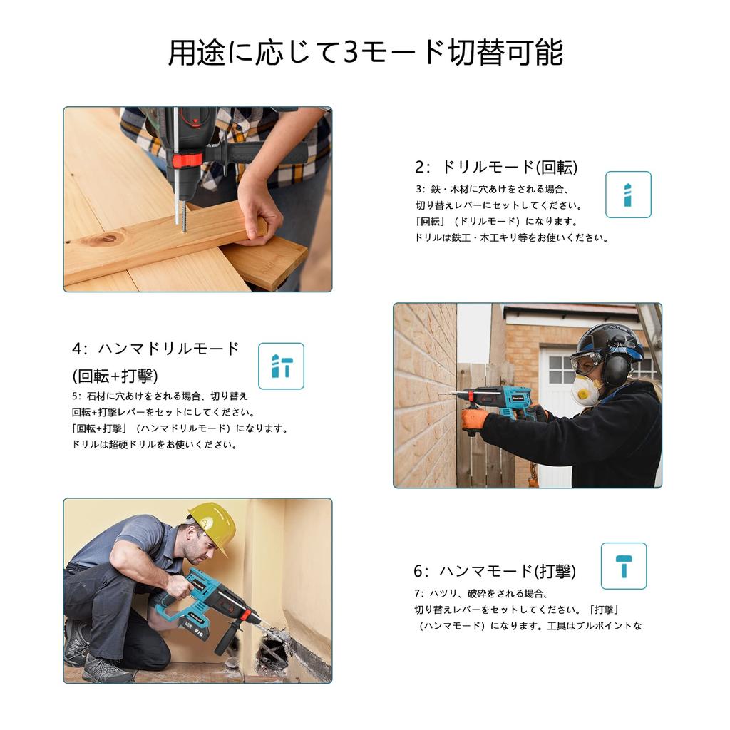 Dearsee Cordless Hammer with SDS Plus Hammer Compatible with 18V Compatible with and BL1860B Drill, 18V, Rechargeable, Shank, Drill/Hammer/Drill