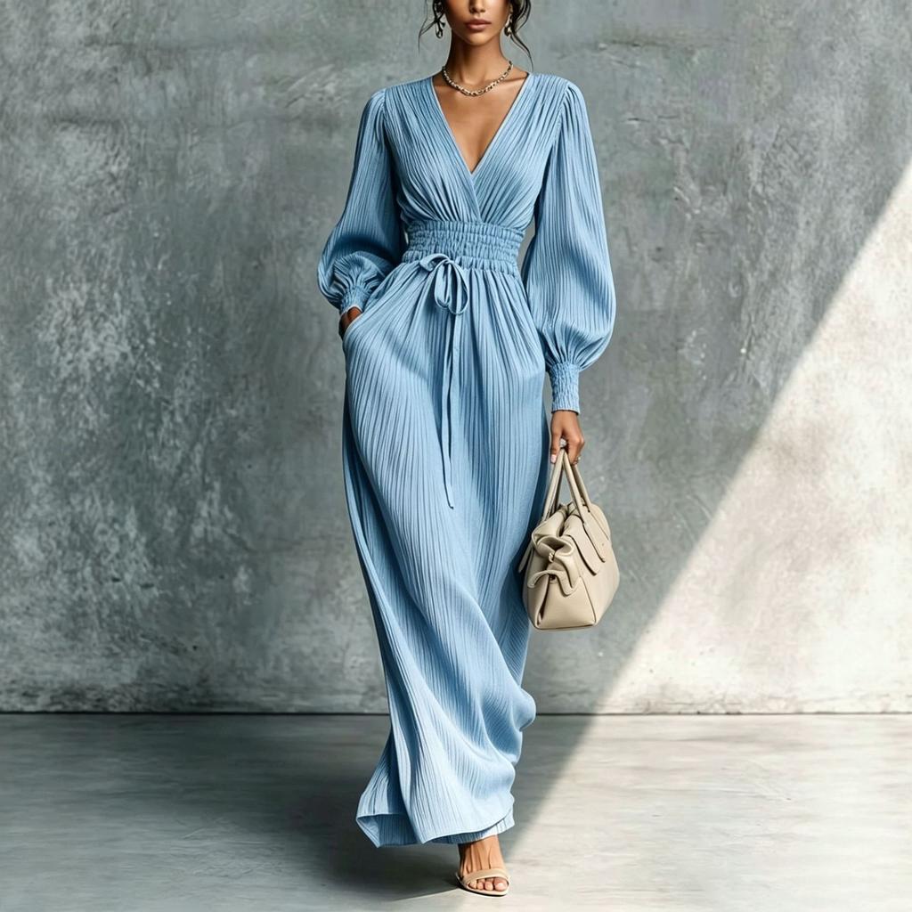 European and American new hot-selling solid color casual and comfortable waist long-sleeved dress women